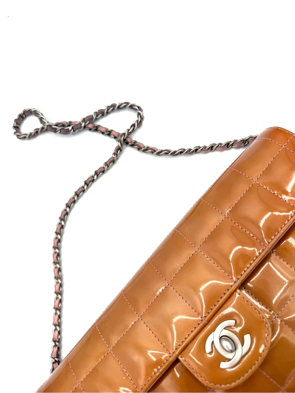 CHANEL Quilted Orange Patent Leather Chocolate Bar CC Flap Bag